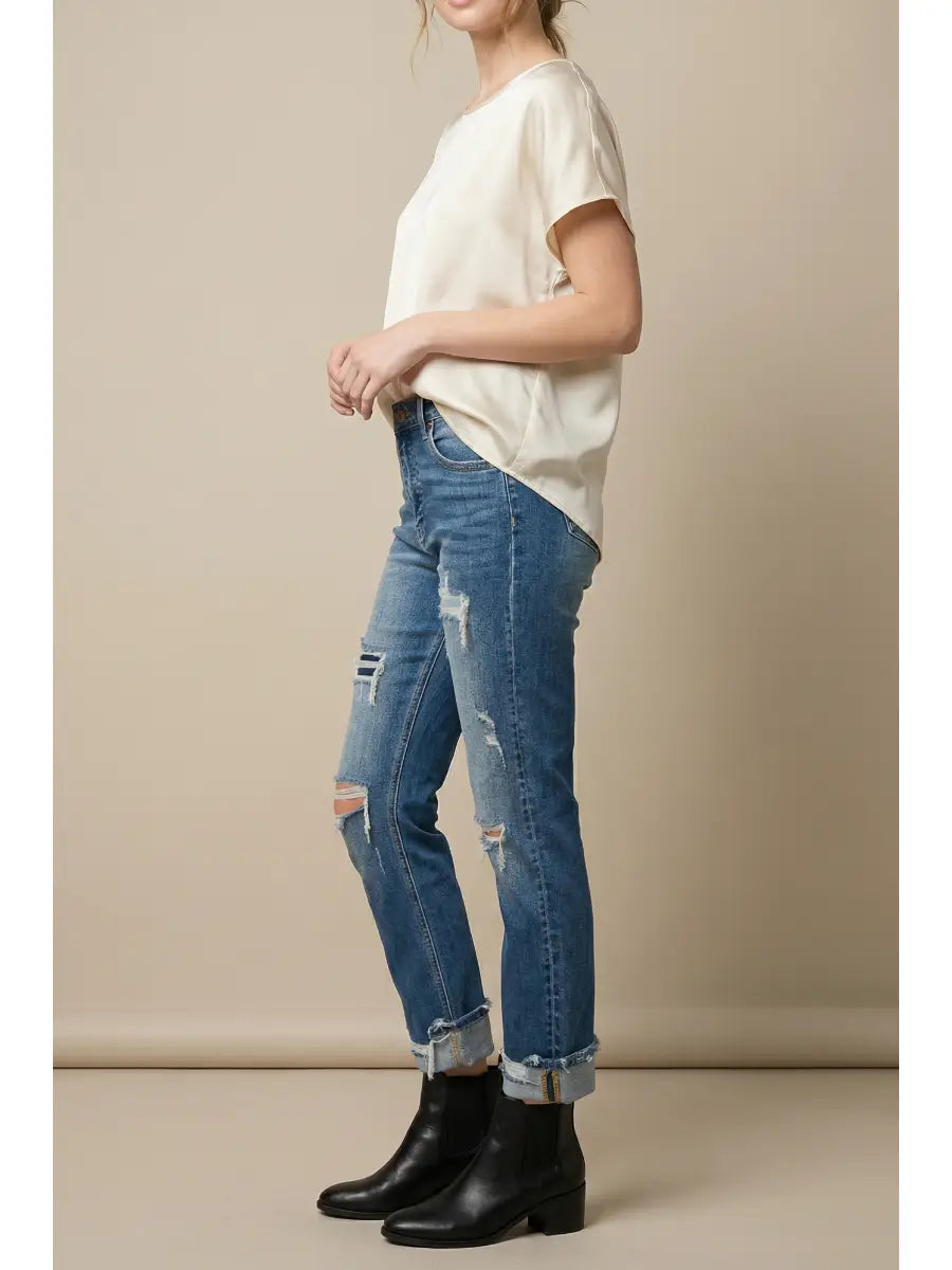 Mesh Tummy Control High Rise Straight w/ Single Cuff Jeans
