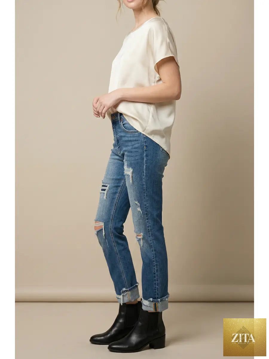 Artemis Vintage mesh tummy control high-rise straight jeans with a single cuff, blue denim, and classic fit.