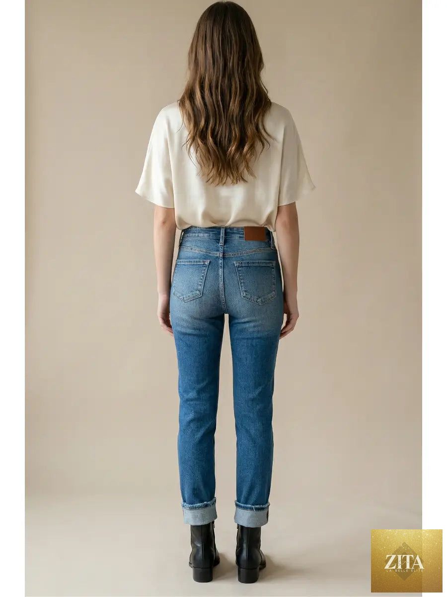 Artemis Vintage mesh tummy control high-rise straight jeans with single cuff, showcasing fit and stylish denim detailing.