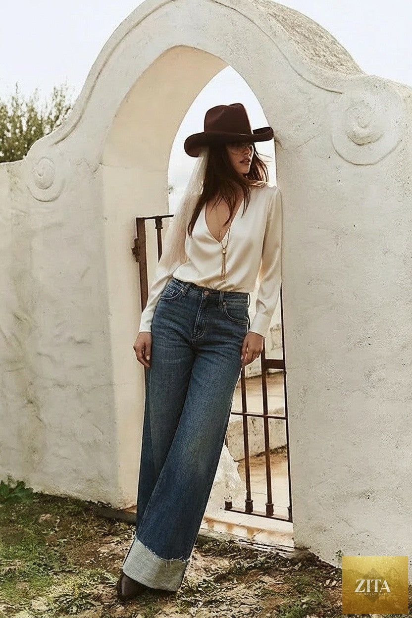 Artemis Vintage Elise high-rise cuffed wide leg jeans with tummy control, showcasing a relaxed fit and cuffed hems.