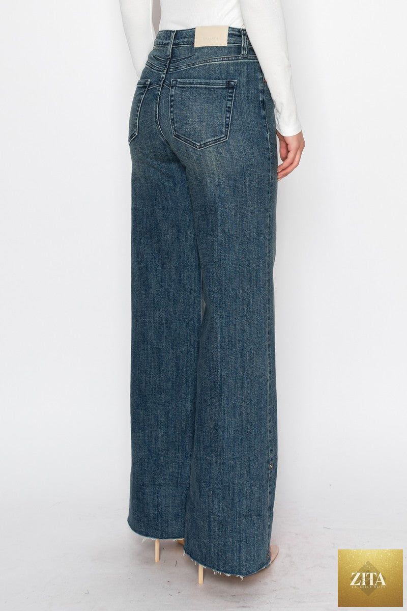 Artemis Vintage Elise high-rise cuffed wide-leg jeans with tummy control, shown in a relaxed fit with cuffed hems.