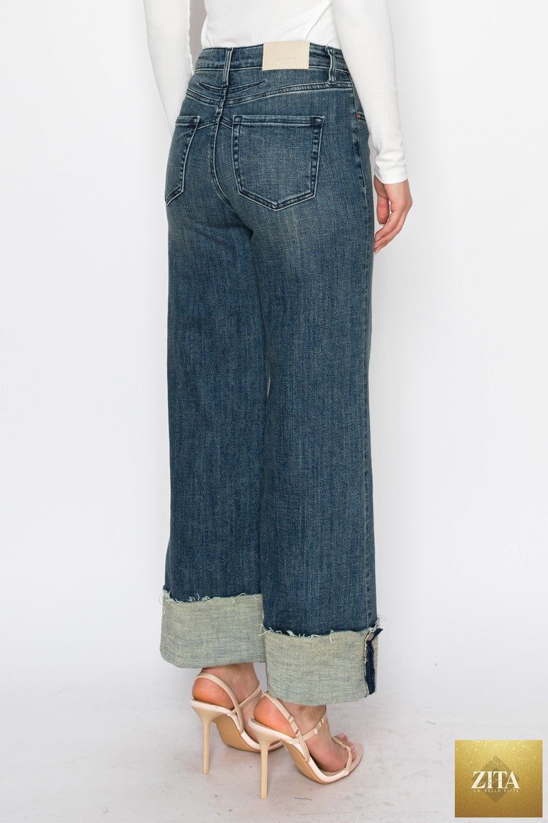 Artemis Vintage Elise high-rise cuffed wide-leg jeans with tummy control and classic denim wash, styled with a relaxed fit.