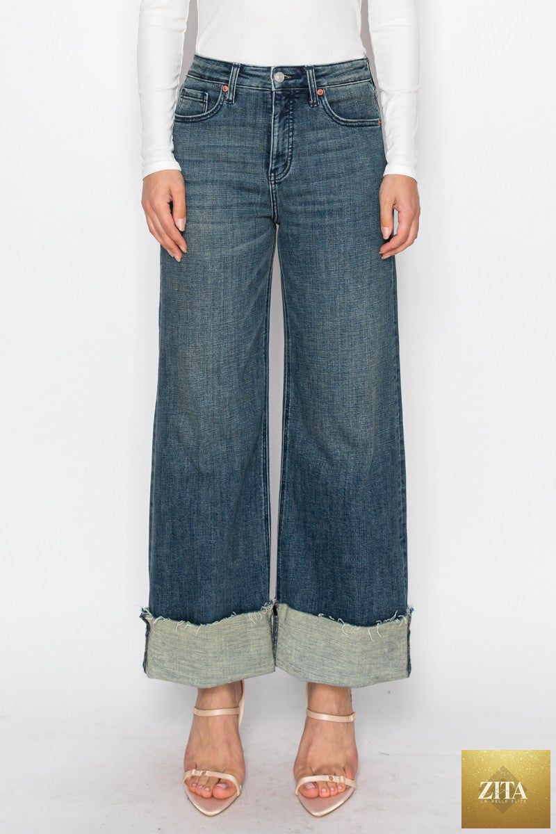 Artemis Vintage Elise high-rise cuffed wide-leg jeans with tummy control in classic denim, shown folded at the cuffs.