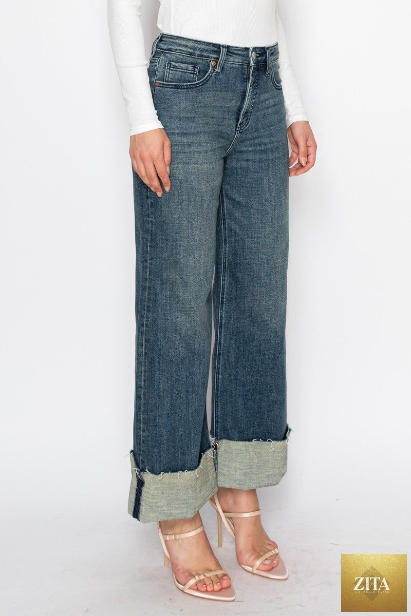 Artemis Vintage Elise high-rise cuffed wide-leg jeans with tummy control, showcasing a relaxed fit and cuffed hem.