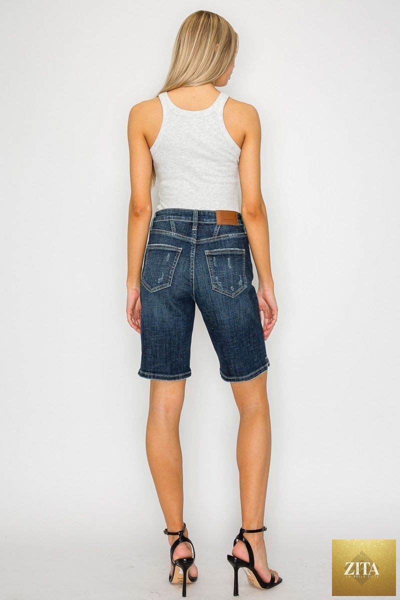 Dark wash high-rise Bermuda jeans by Artemis Vintage featuring a relaxed fit and classic denim style.