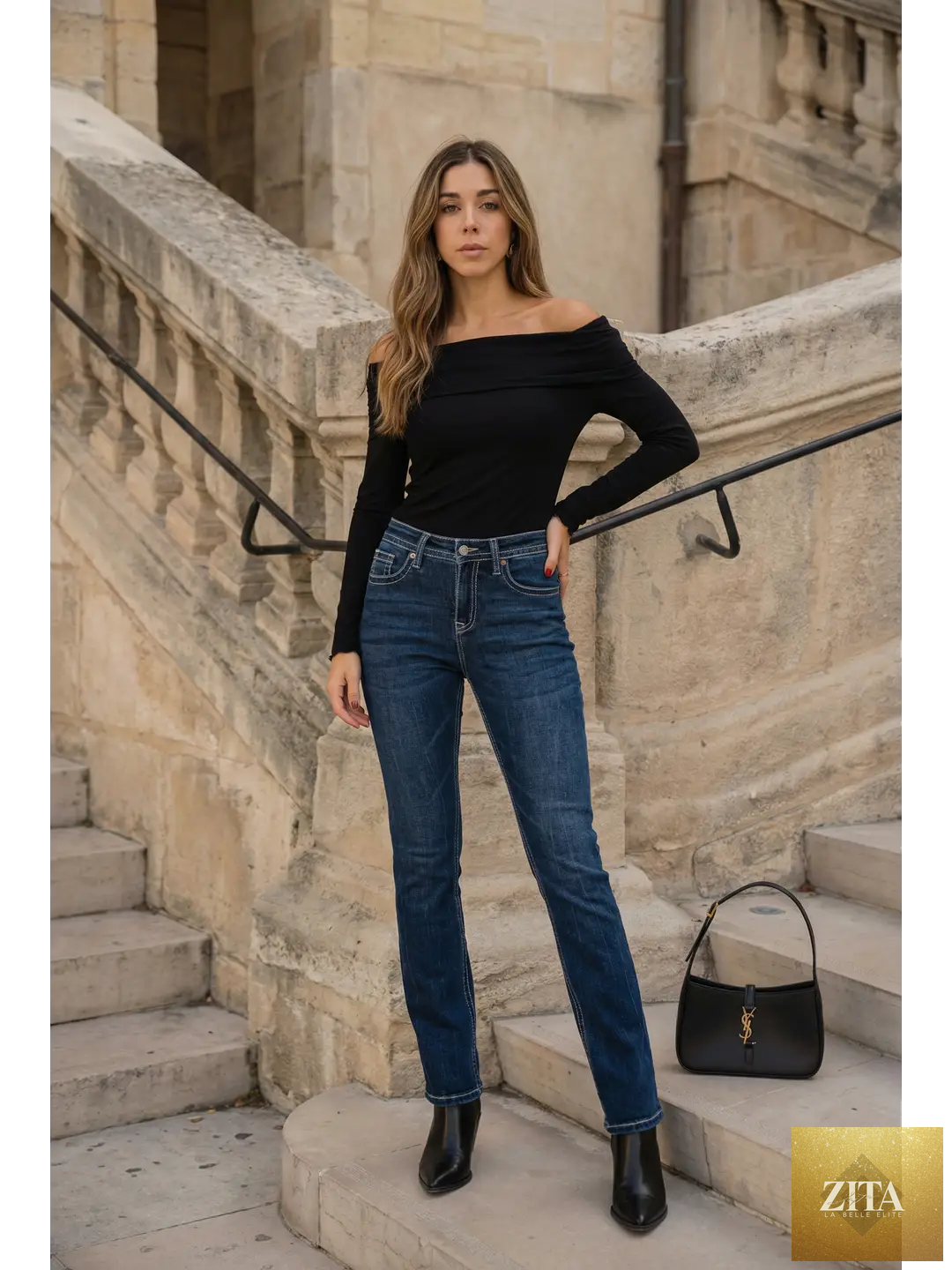Dark wash Artemis Vintage Stevie tummy control high-rise slim flare jeans, showing fitted waist and flared leg silhouette.