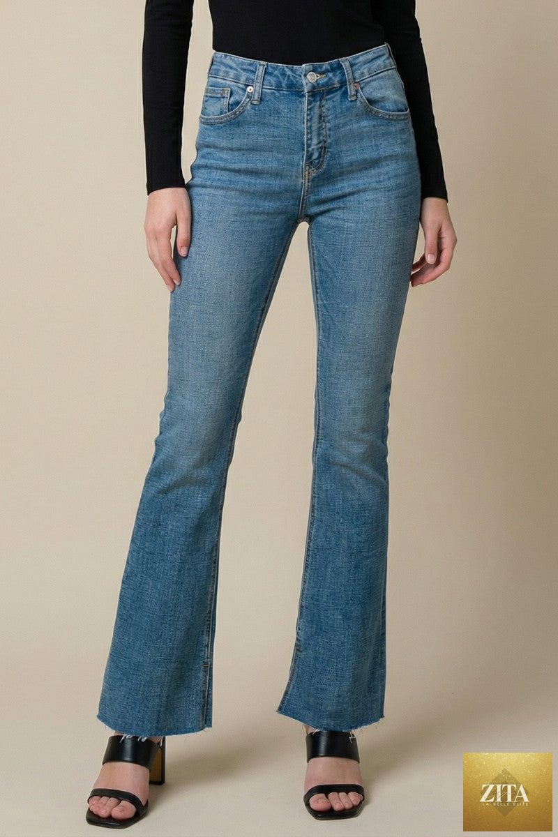 Artemis Vintage paisley high rise flare jeans for women, featuring a stylish high waist and flared leg design.