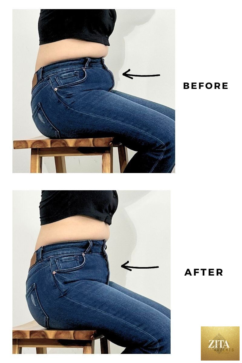 Artemis Vintage Isabella Corset Ultra High Rise Modern Wide Jeans showing the dark denim fabric and high waist design