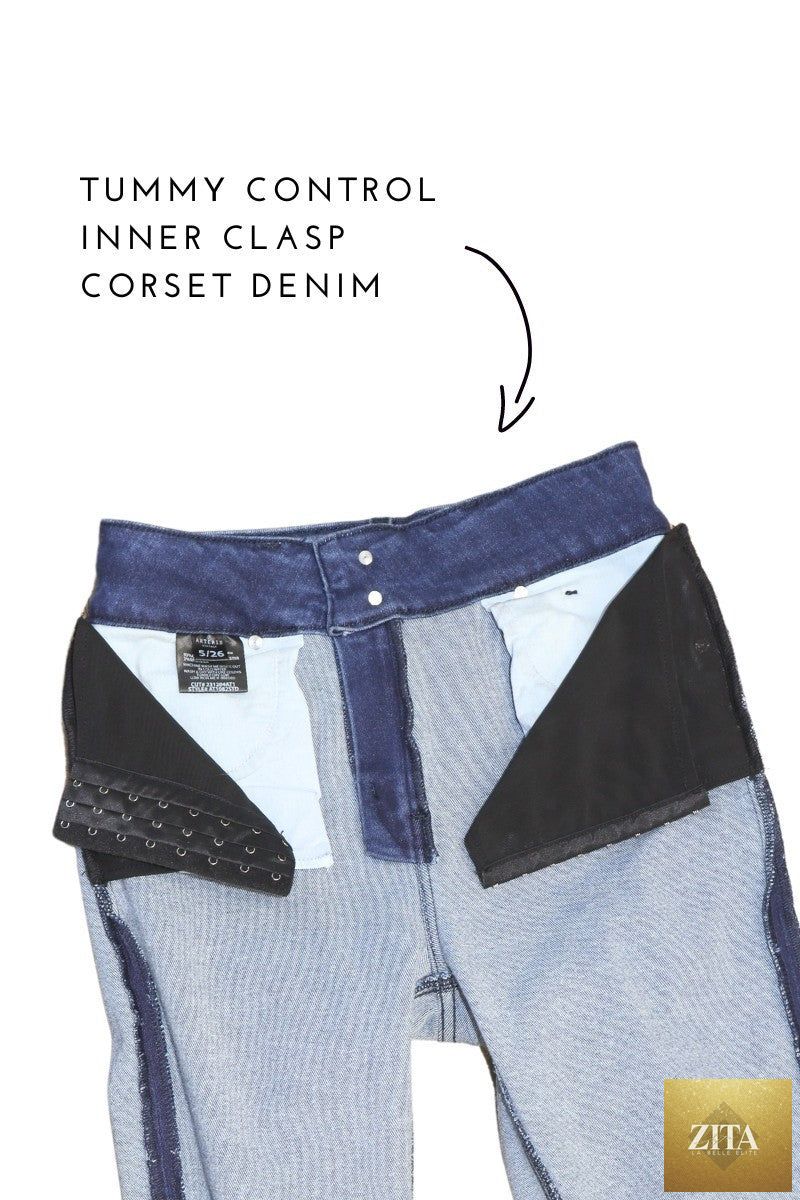 Artemis Vintage Isabella Corset Ultra High Rise Modern Wide Jeans, showing the dark denim fabric and wide-leg fit.