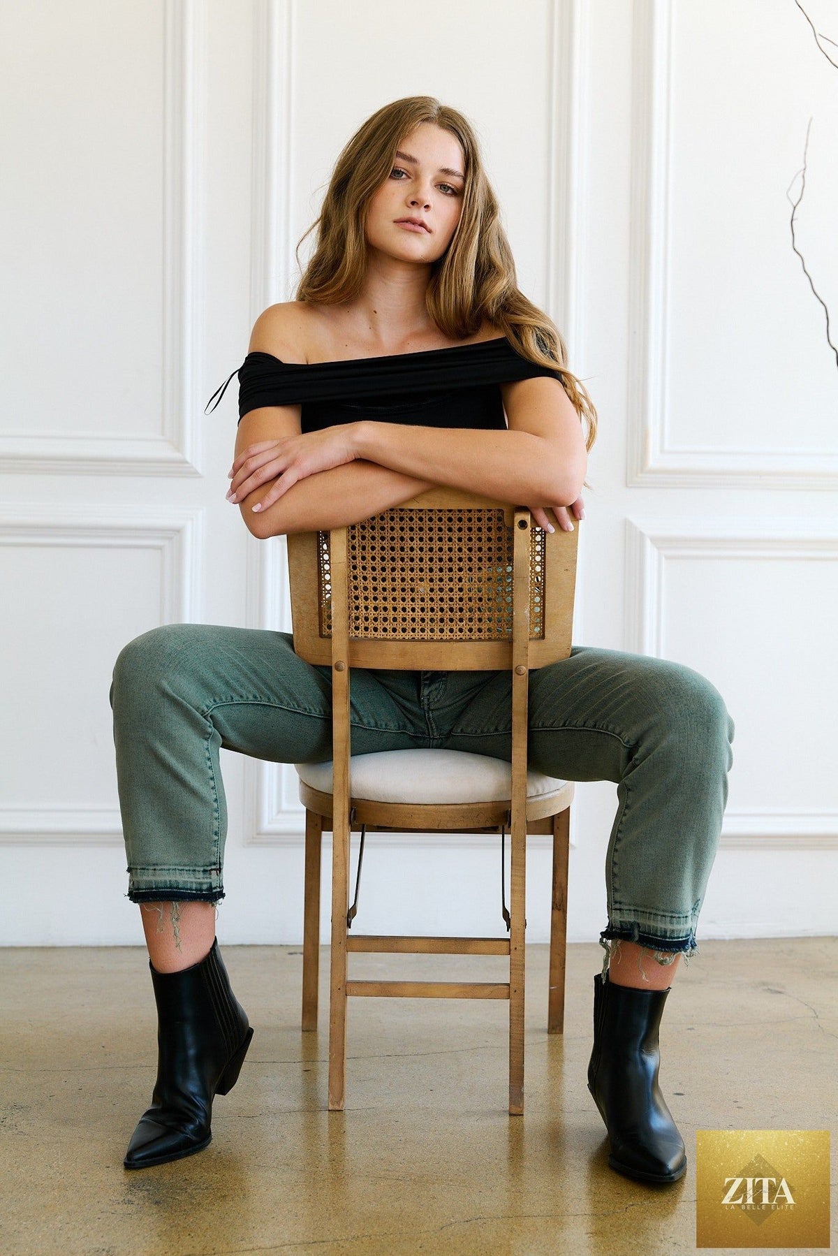 Artemis Vintage Elena high-rise straight jeans with tummy control, dark wash denim, front pockets, and belt loops.