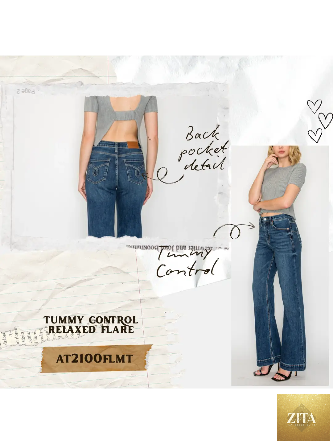 Josephine Tummy Control High Rise Relaxed Holly Flare Jeans by Artemis Vintage, showcasing fitted waist and flared denim style.