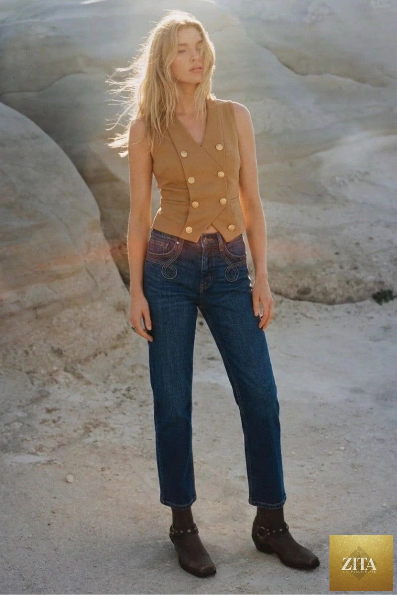 Artemis Vintage tummy control Western high-rise straight-leg jeans with classic denim wash and belt loops.