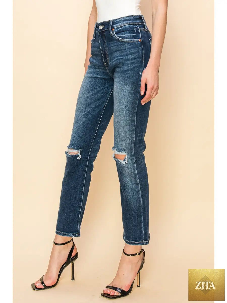 Artemis Vintage Ariel high-rise stretch distressed straight jeans shown on a model, with a classic blue denim look and distressed detailing.