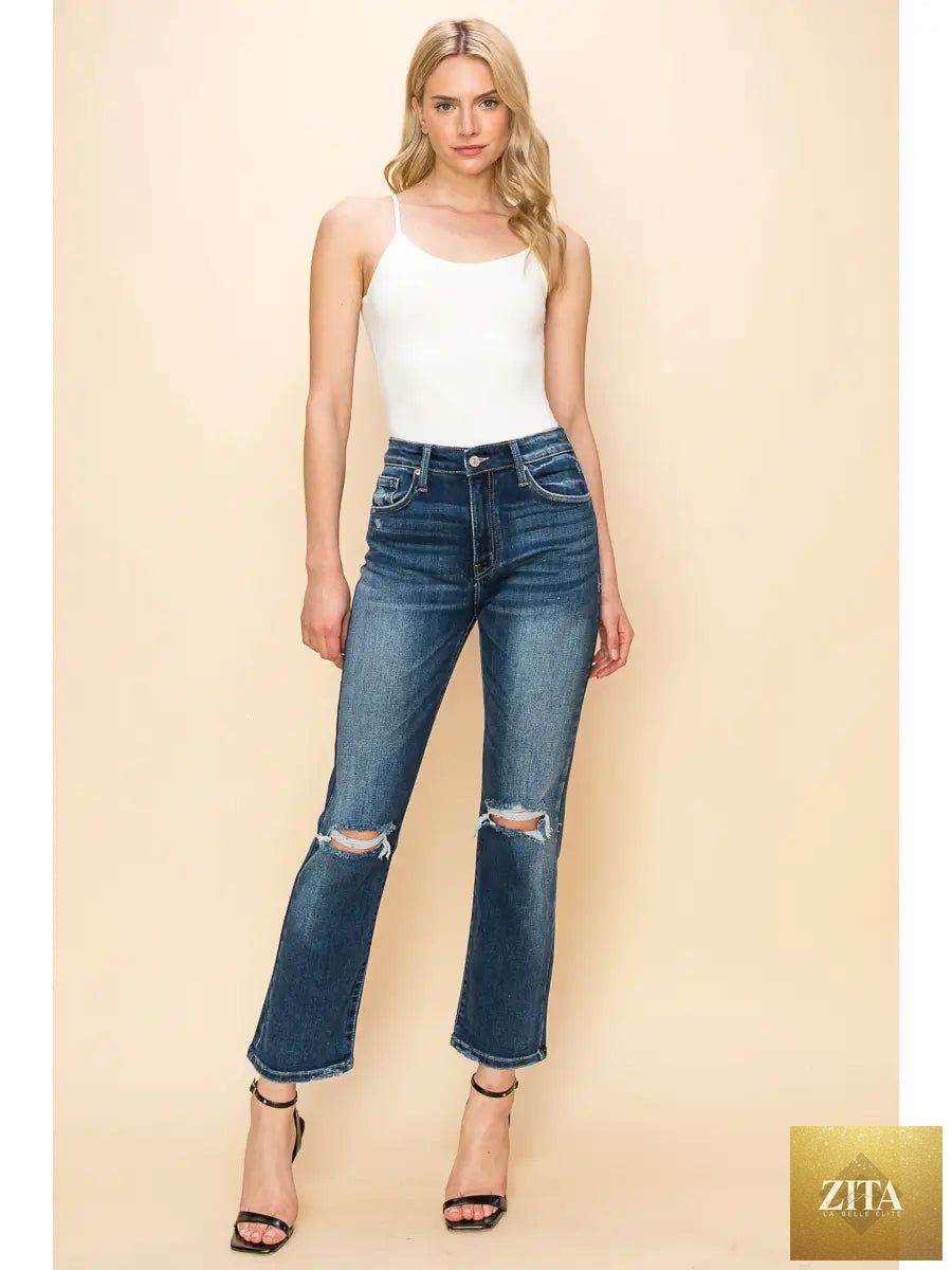 Artemis Vintage Ariel high rise stretch distressed straight jeans, blue denim with ripped details, fit for casual wear