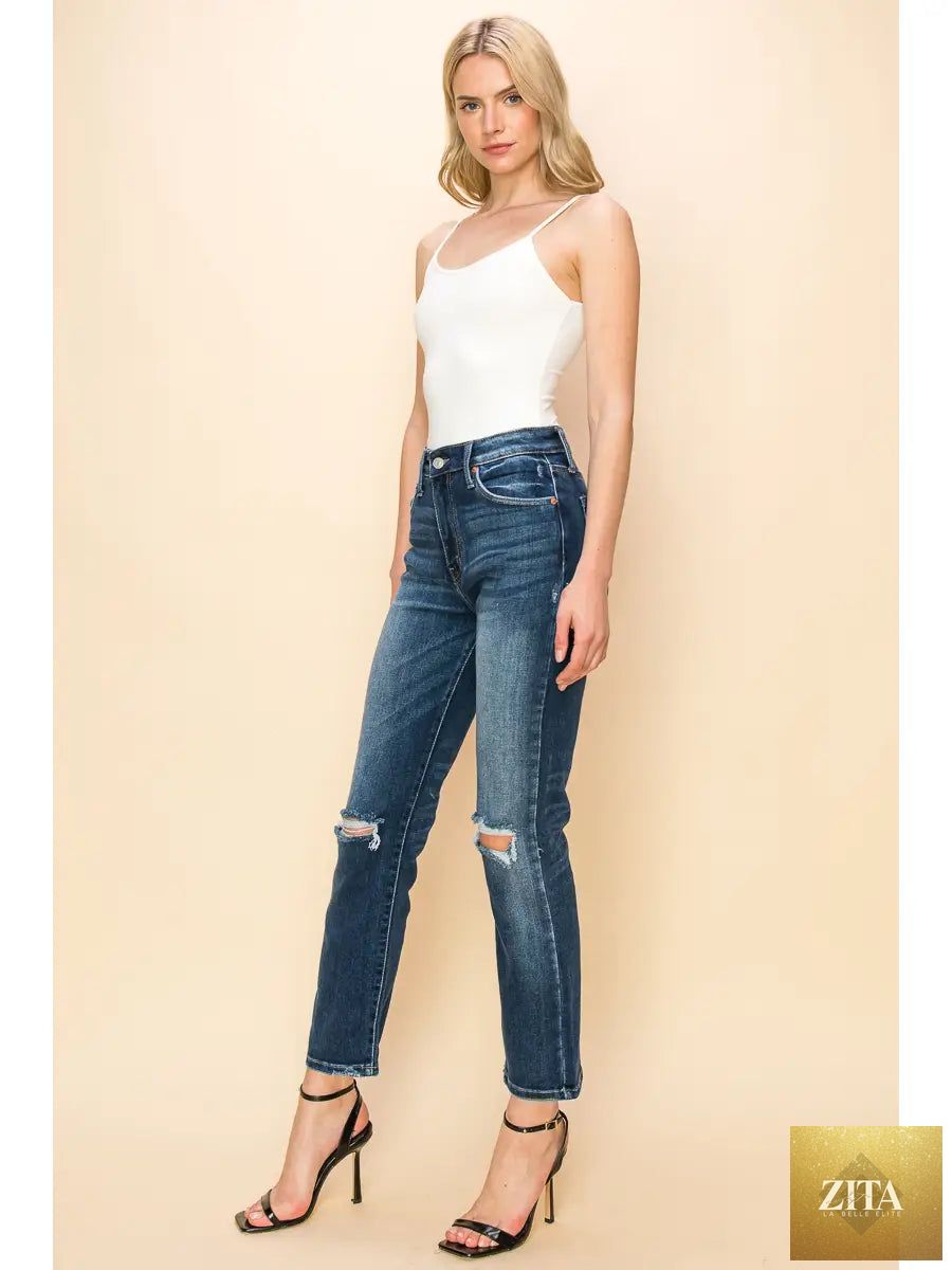 Artemis Vintage Ariel high-rise stretch distressed straight jeans, blue denim with rips and a classic fit, casual and stylish.