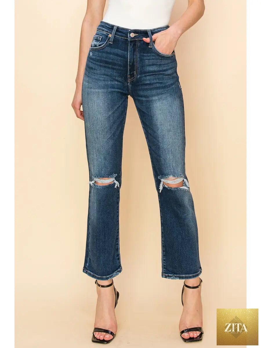 Artemis Vintage Ariel high-rise stretch distressed straight jeans with ripped details, blue denim, and classic fit.