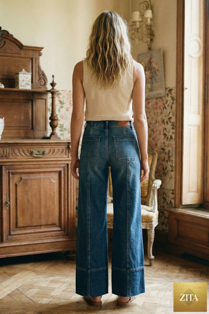 Dark wash Aurora Tummy Control Eco-Friendly Fabric Slim Palazzo Jeans by Artemis Vintage, showcasing the high-waisted, wide-leg style.