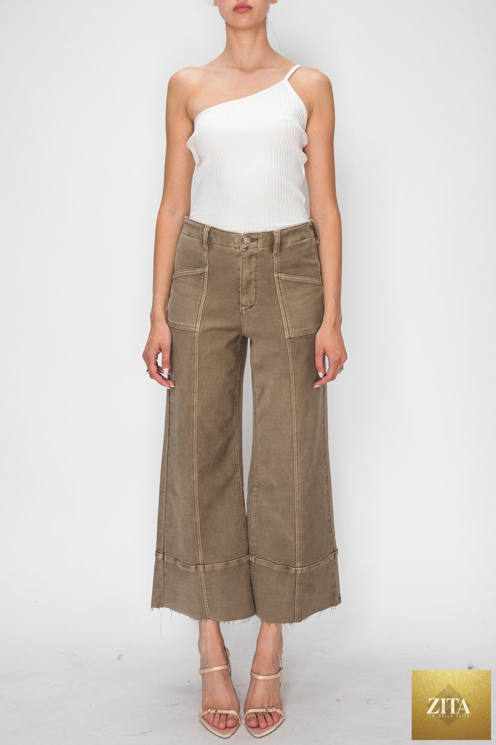High rise slim crop palazzo pants by Artemis Vintage featuring a fitted waist and wide-leg silhouette in a stylish fabric.