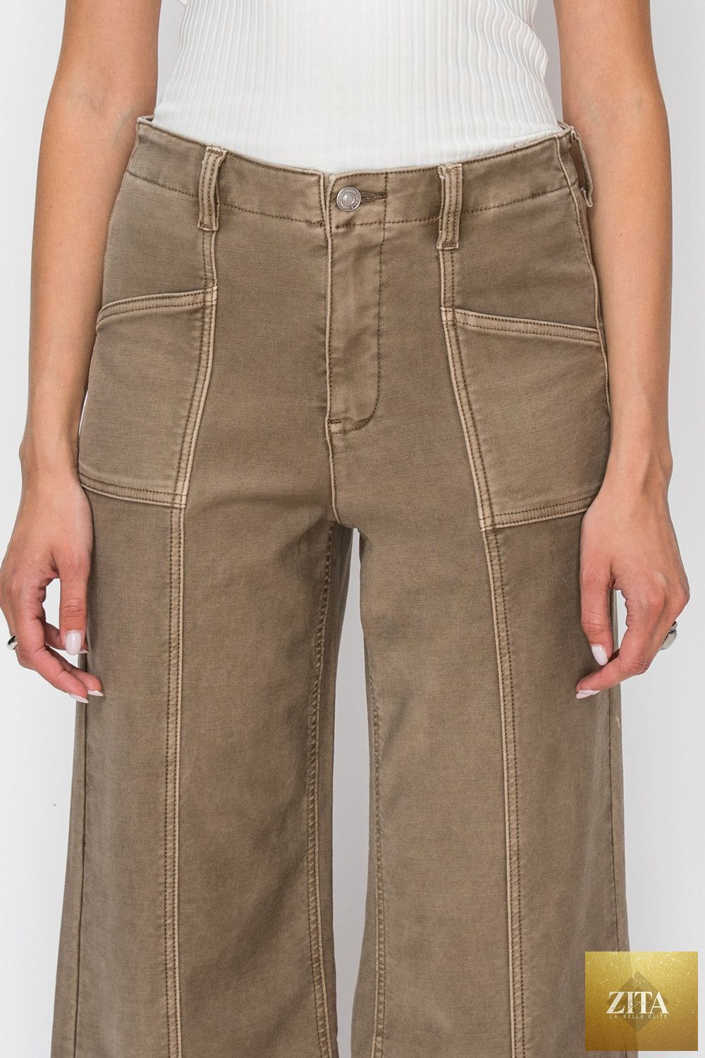 High rise slim crop palazzo pants by Artemis Vintage, showing a stylish fit and lightweight fabric in a neutral color.