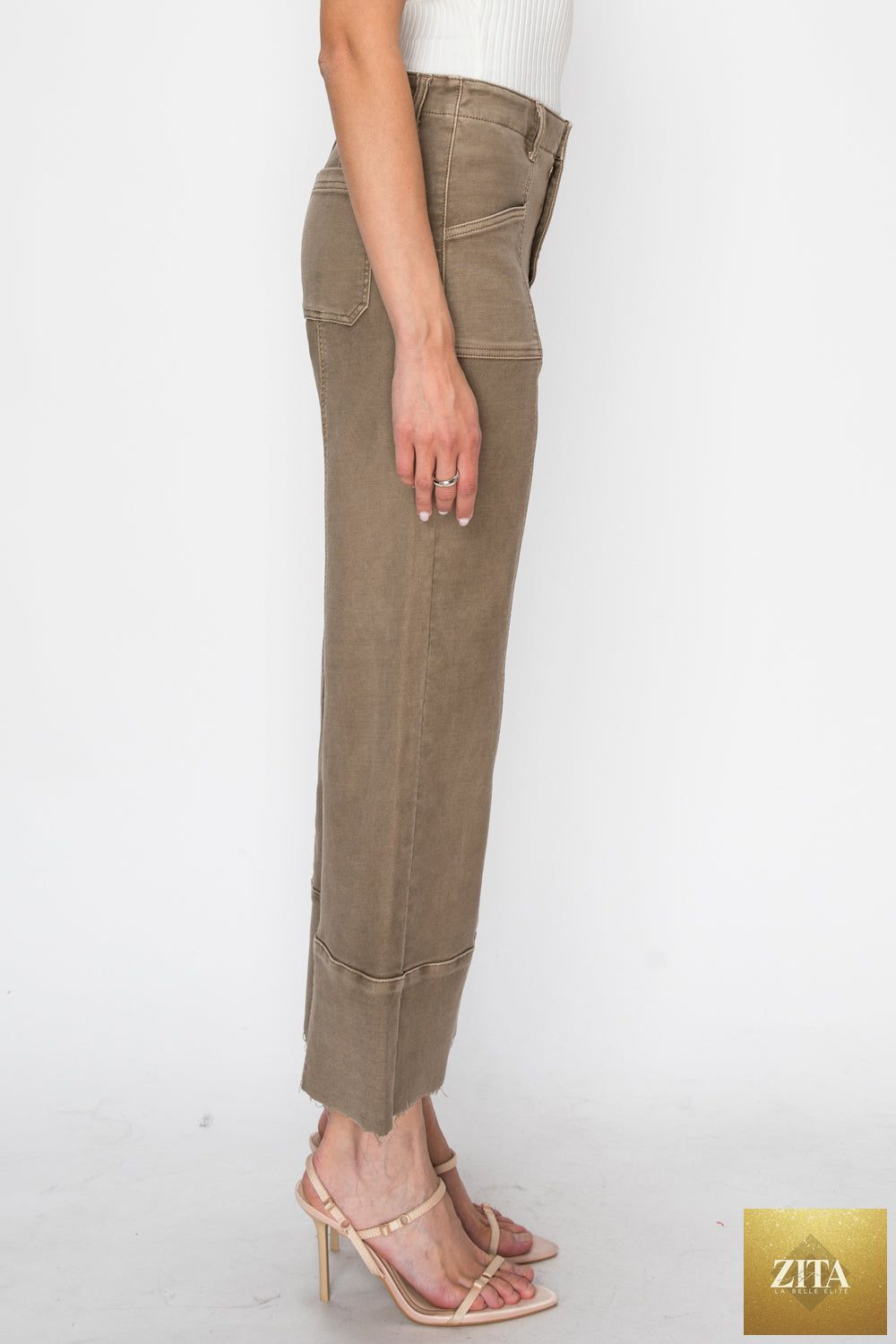 High rise slim crop palazzo pants by Artemis Vintage, shown in a stylish silhouette with a high waist and cropped length.