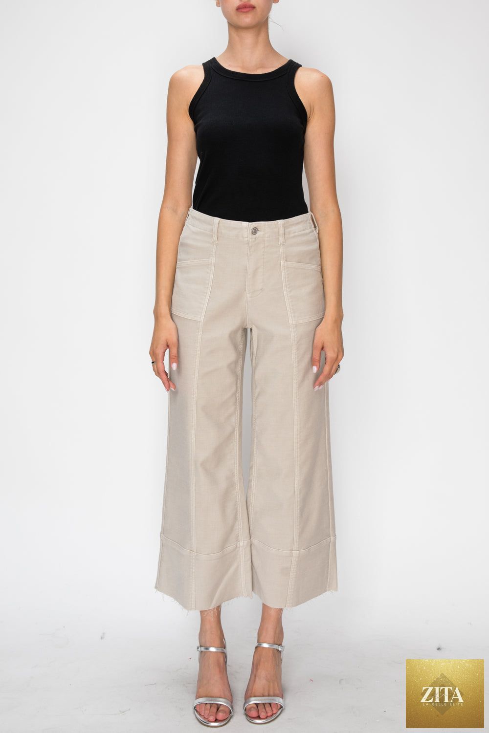 High rise slim crop palazzo jeans from Artemis Vintage, showing their stylish fit and design on a model.