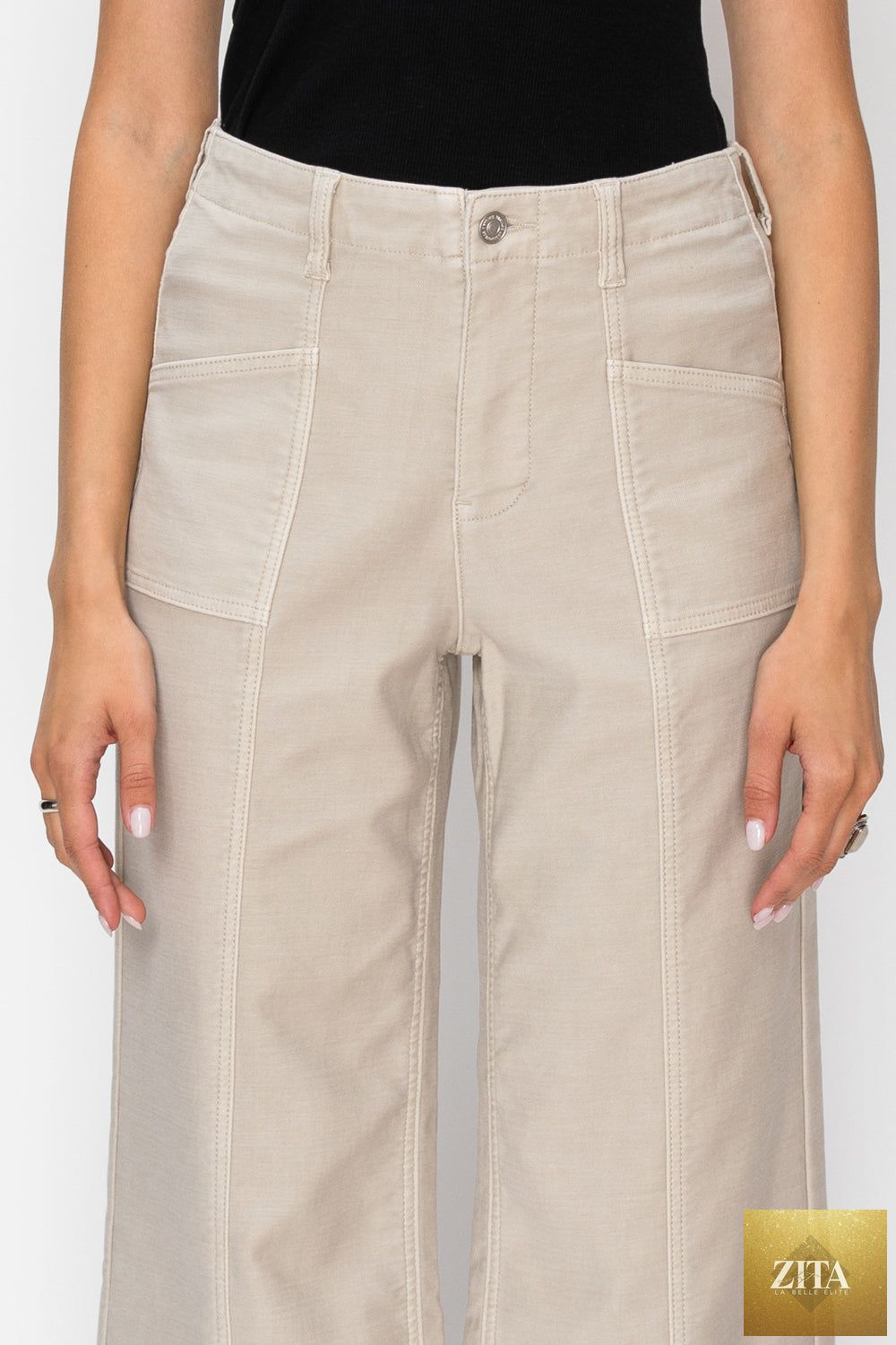 High rise slim crop palazzo jeans by Artemis Vintage, showing the dark denim fabric and stylish wide leg design.