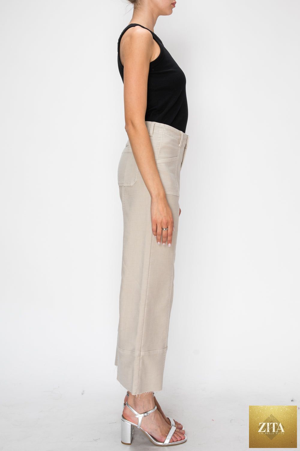 High rise slim crop palazzo jeans by Artemis Vintage, showing the stylish denim with a high waistband and wide-leg silhouette.