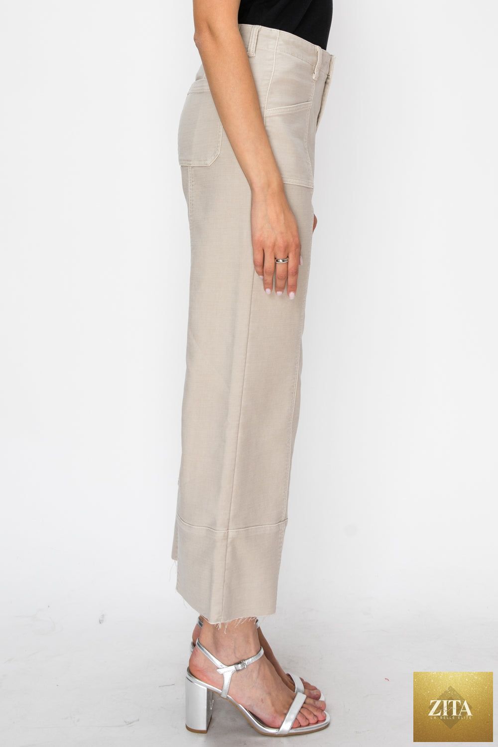 High rise slim crop palazzo jeans by Artemis Vintage, showing the stylish fit and denim texture with a high waist design.