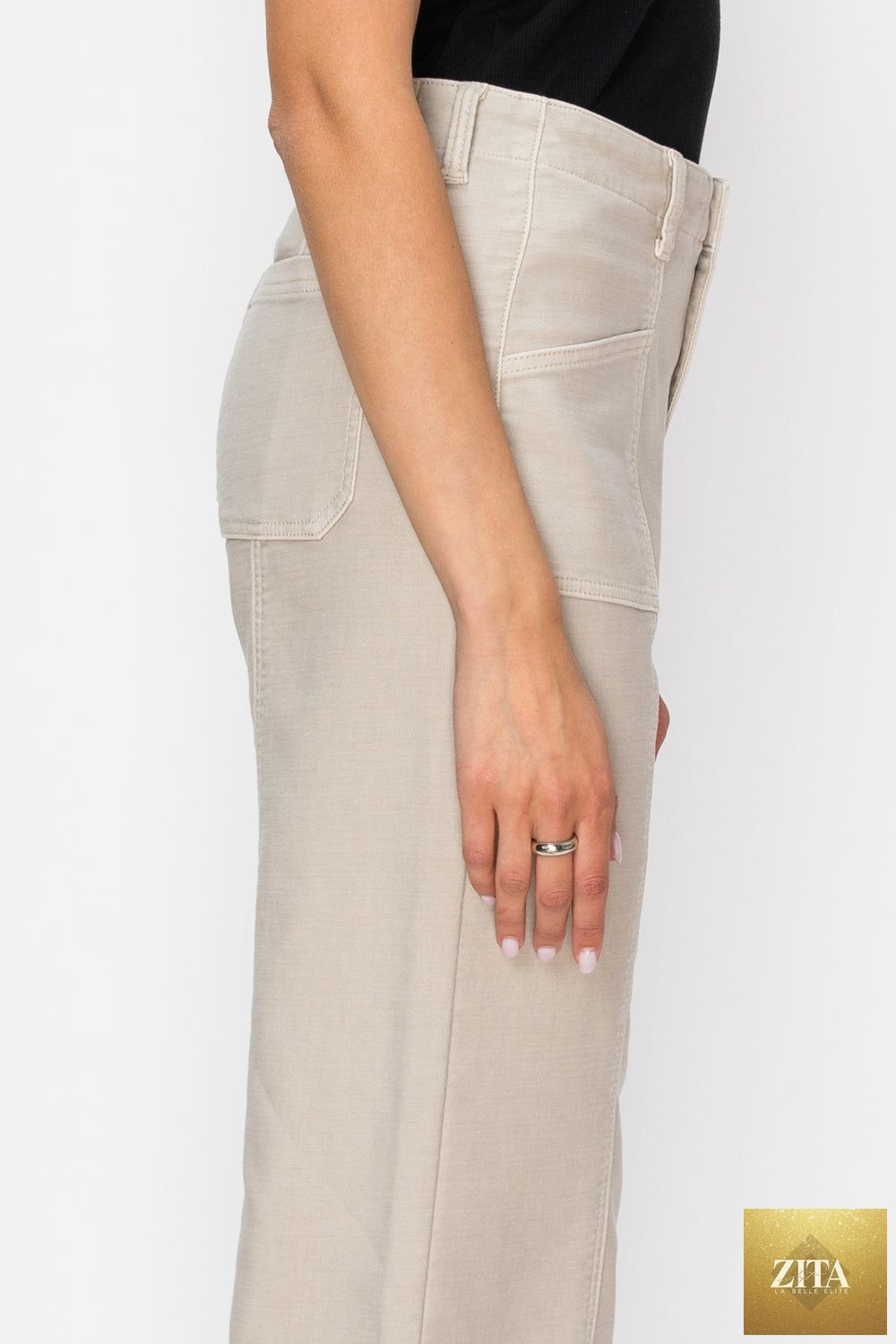 High rise slim crop palazzo jeans by Artemis Vintage, showing the fitted waist, wide legs, and cropped length of the stylish denim.