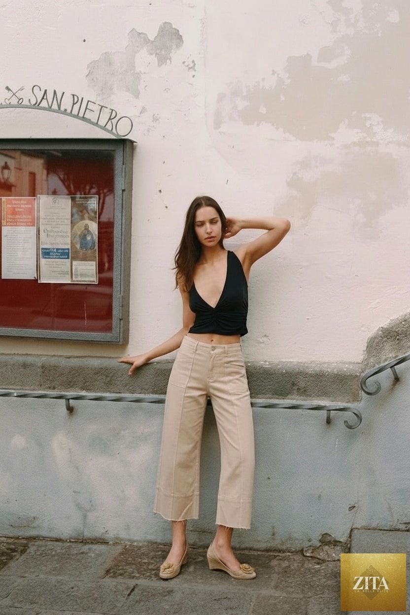 High rise slim crop palazzo jeans by Artemis Vintage, shown in a stylish denim look with a high waist and wide-leg fit.