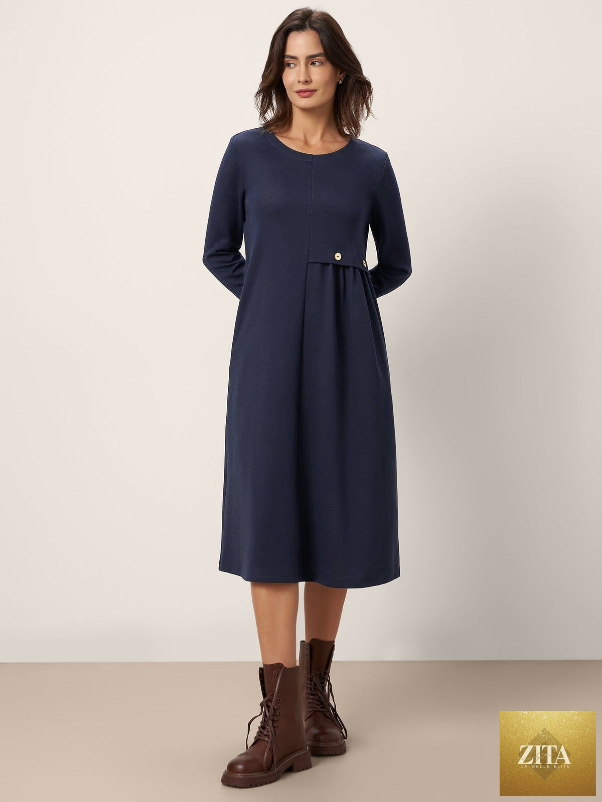 Asymmetric Pleated Waist Midi Dress ALYSSA