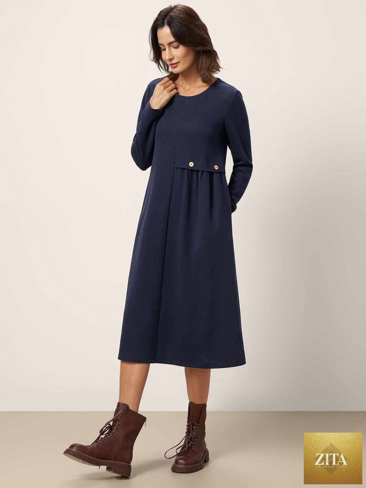 Asymmetric Pleated Waist Midi Dress ALYSSA