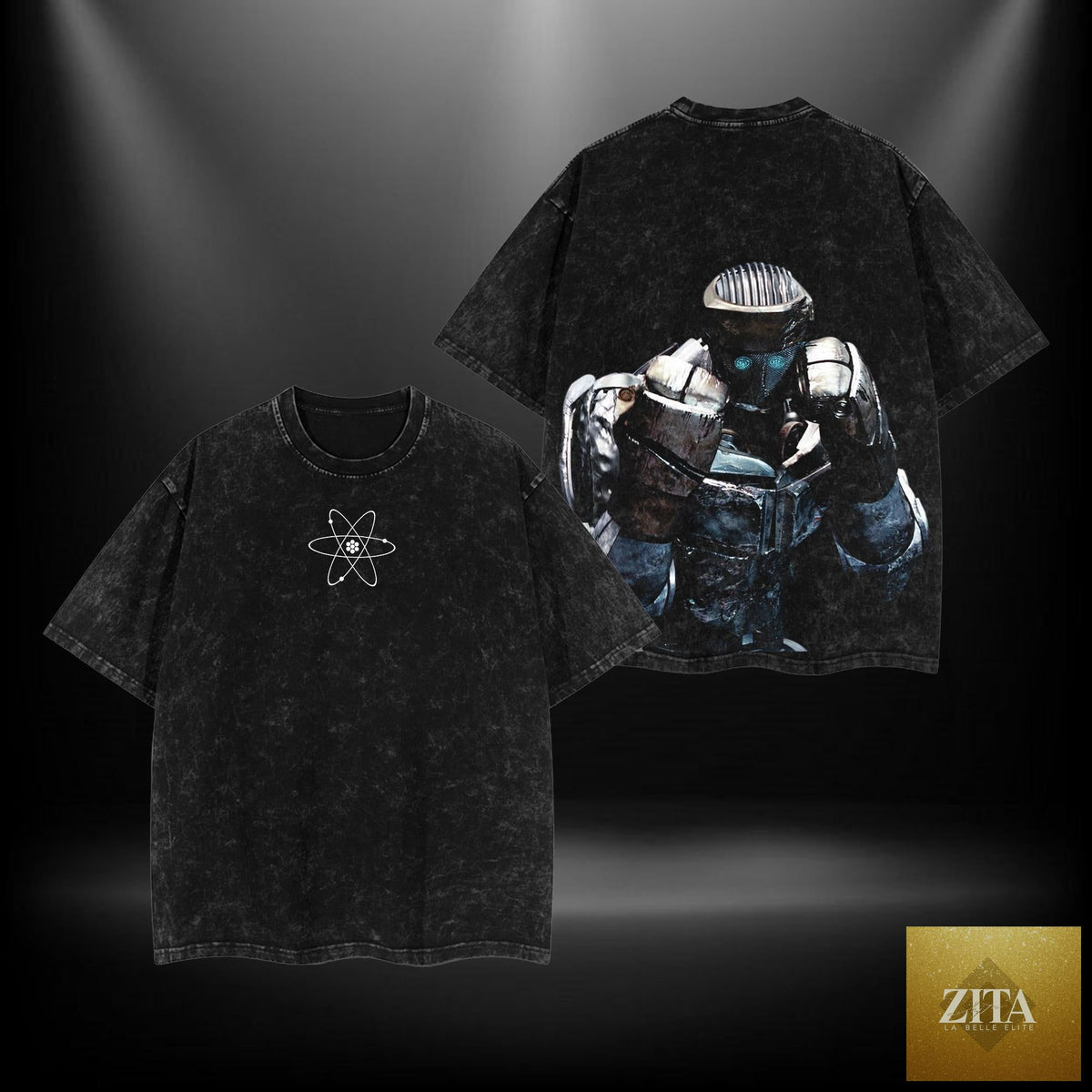 Atom-inspired robot T-shirt with sci-fi graphic for men, featuring oversized or regular fit casual style, by Dog Mom Hat.