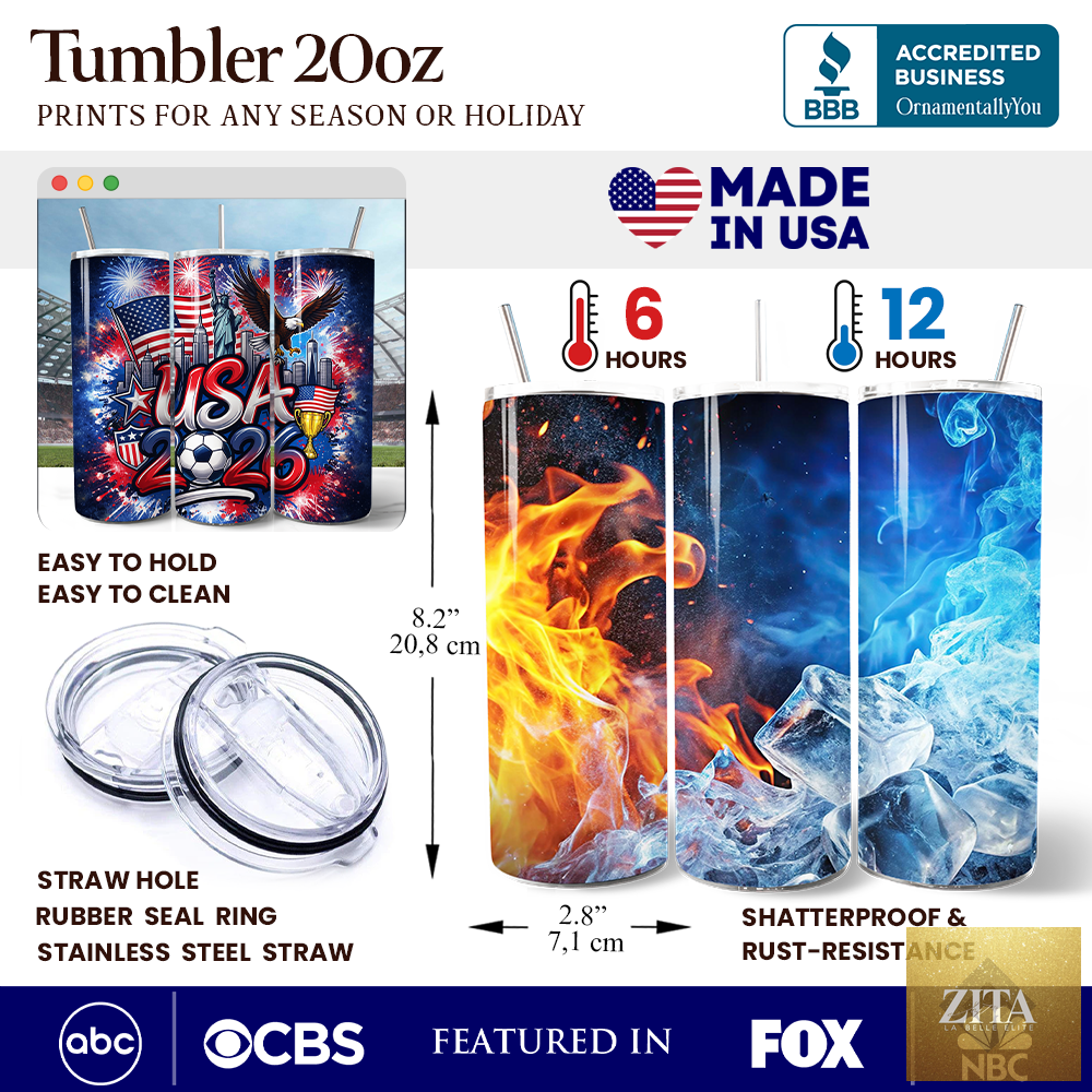 USA 2026 Soccer Cup tumbler with lid and stainless steel straw, featuring a fan-themed design and durable stainless steel construction.