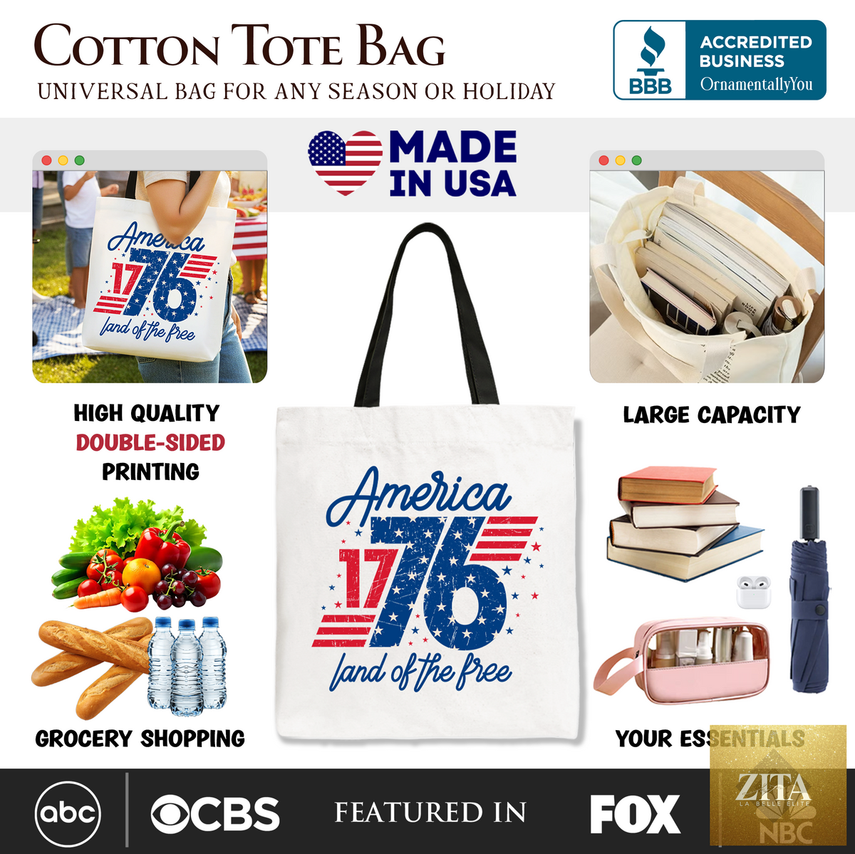 Vintage America 1776 Land of the Free tote bag featuring patriotic design, perfect for 4th of July celebrations and shopping.