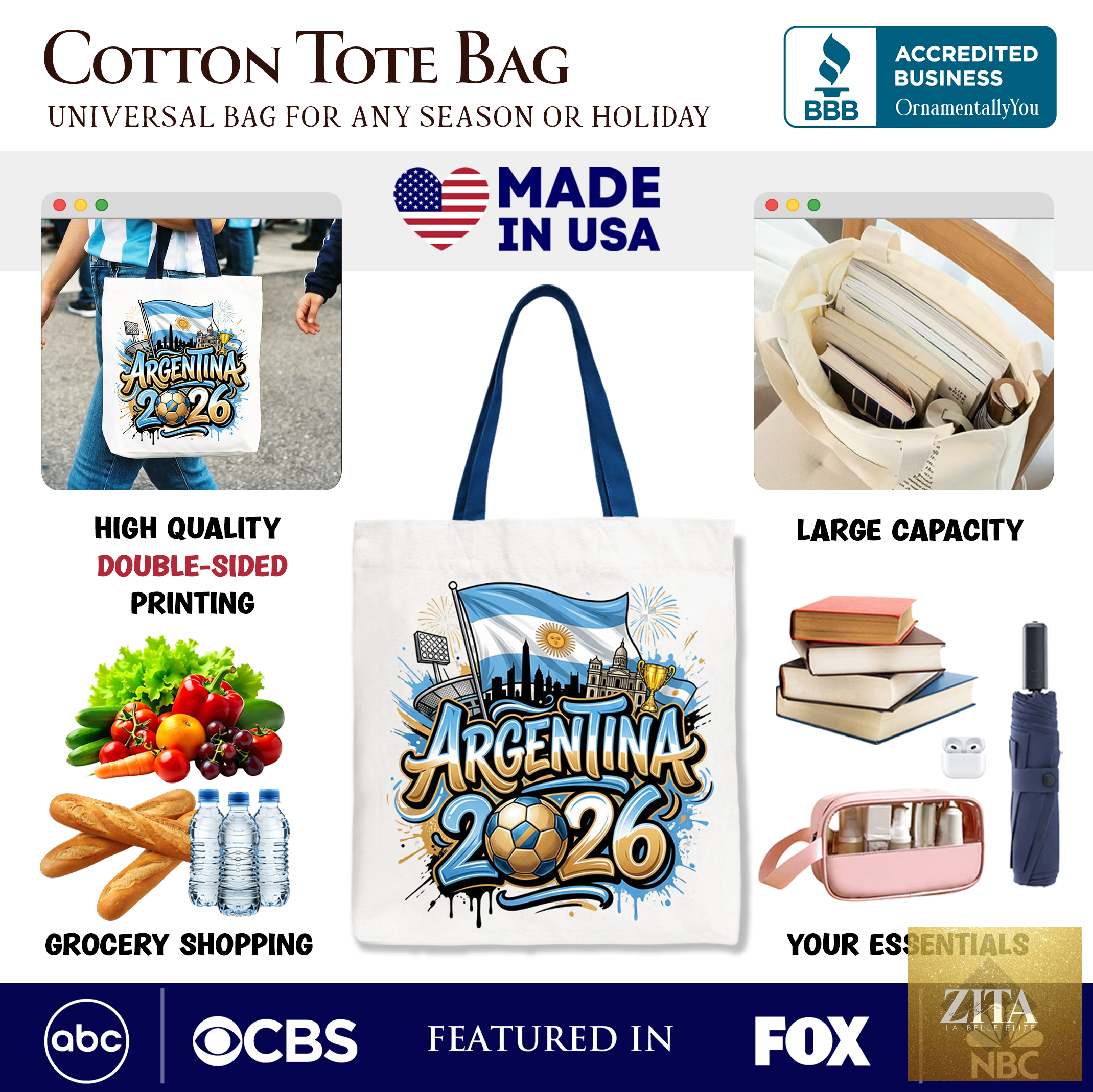 Argentina 2026 Soccer Cup tote bag by OrnamentallyYou featuring football-themed design, perfect for fans and sports event shoppers.