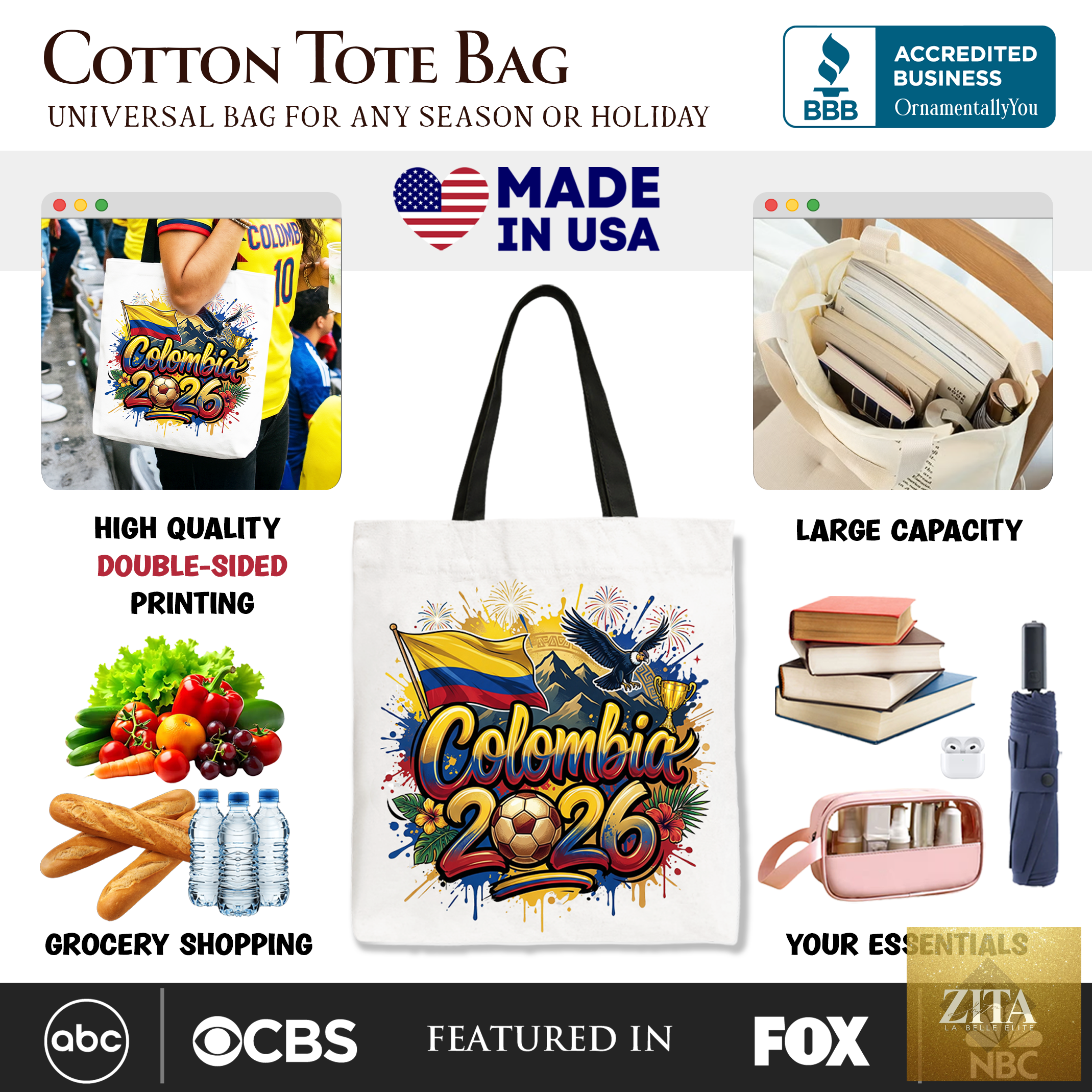 Colombia 2026 Soccer Cup tote bag featuring team logo and global championship design, perfect for football fans and shoppers.