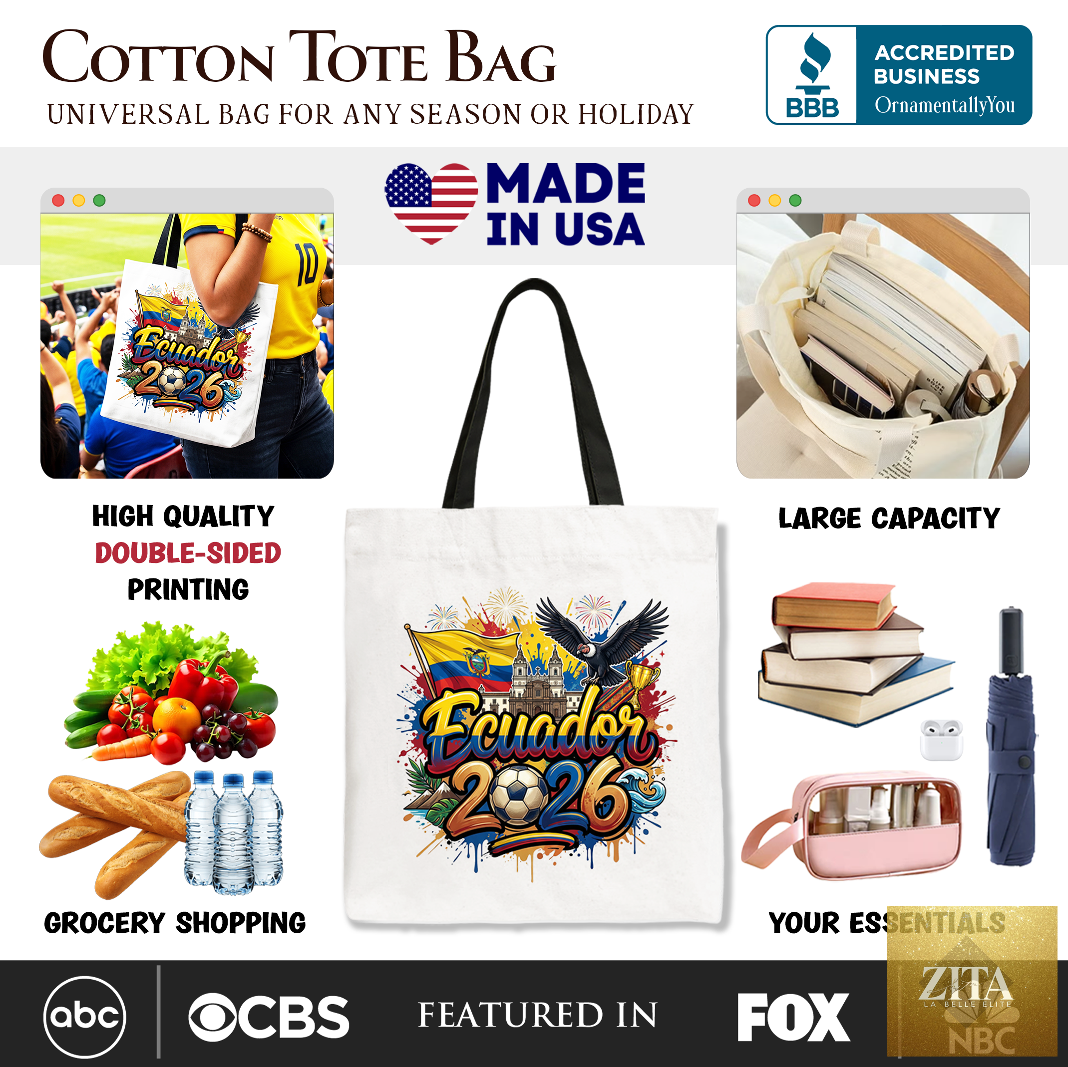 Ecuador 2026 Soccer Cup tote bag by OrnamentallyYou featuring a football-themed design, perfect for fans and sports enthusiasts.