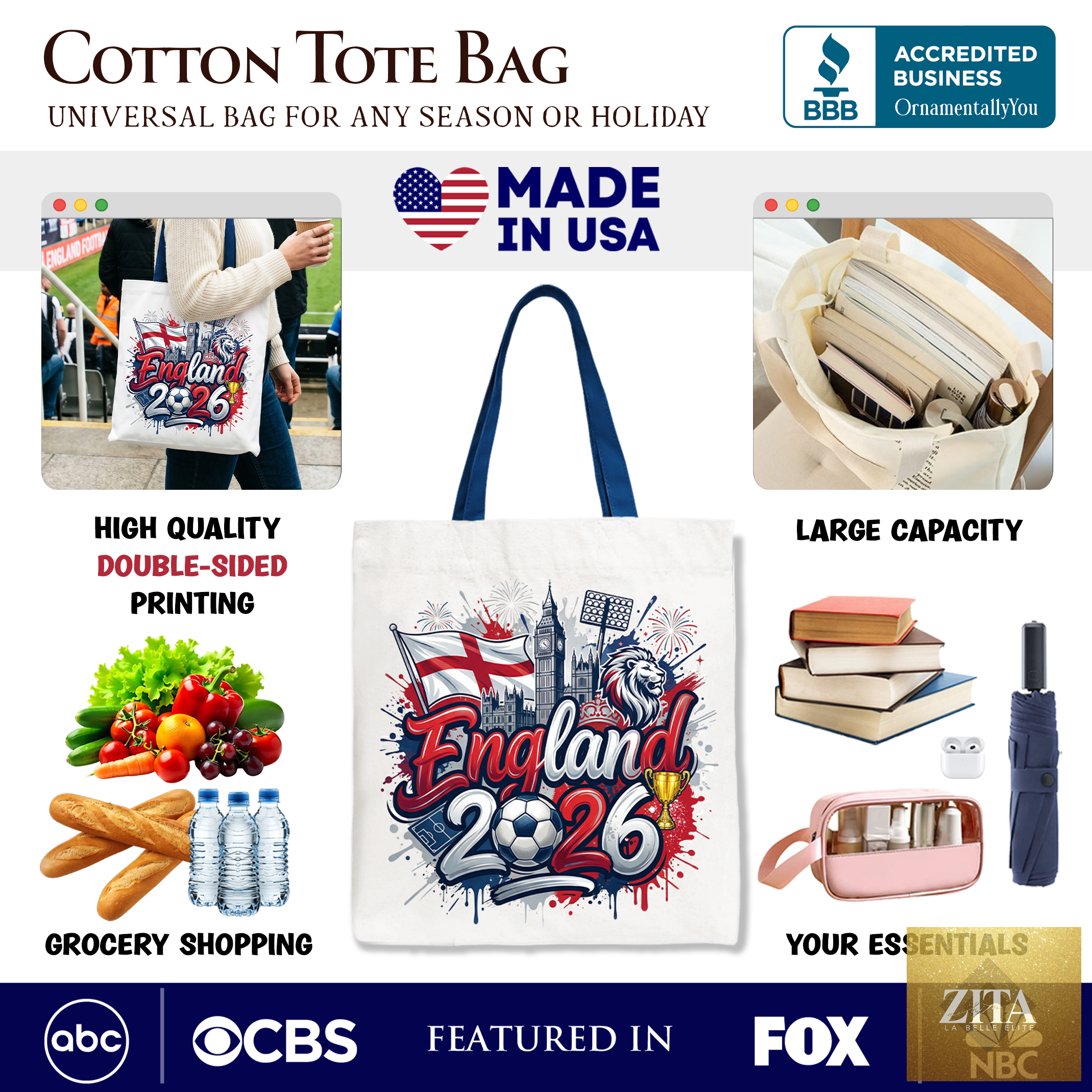 England 2026 Soccer Cup tote bag with global championship logo, ideal for football fans and sports enthusiasts.