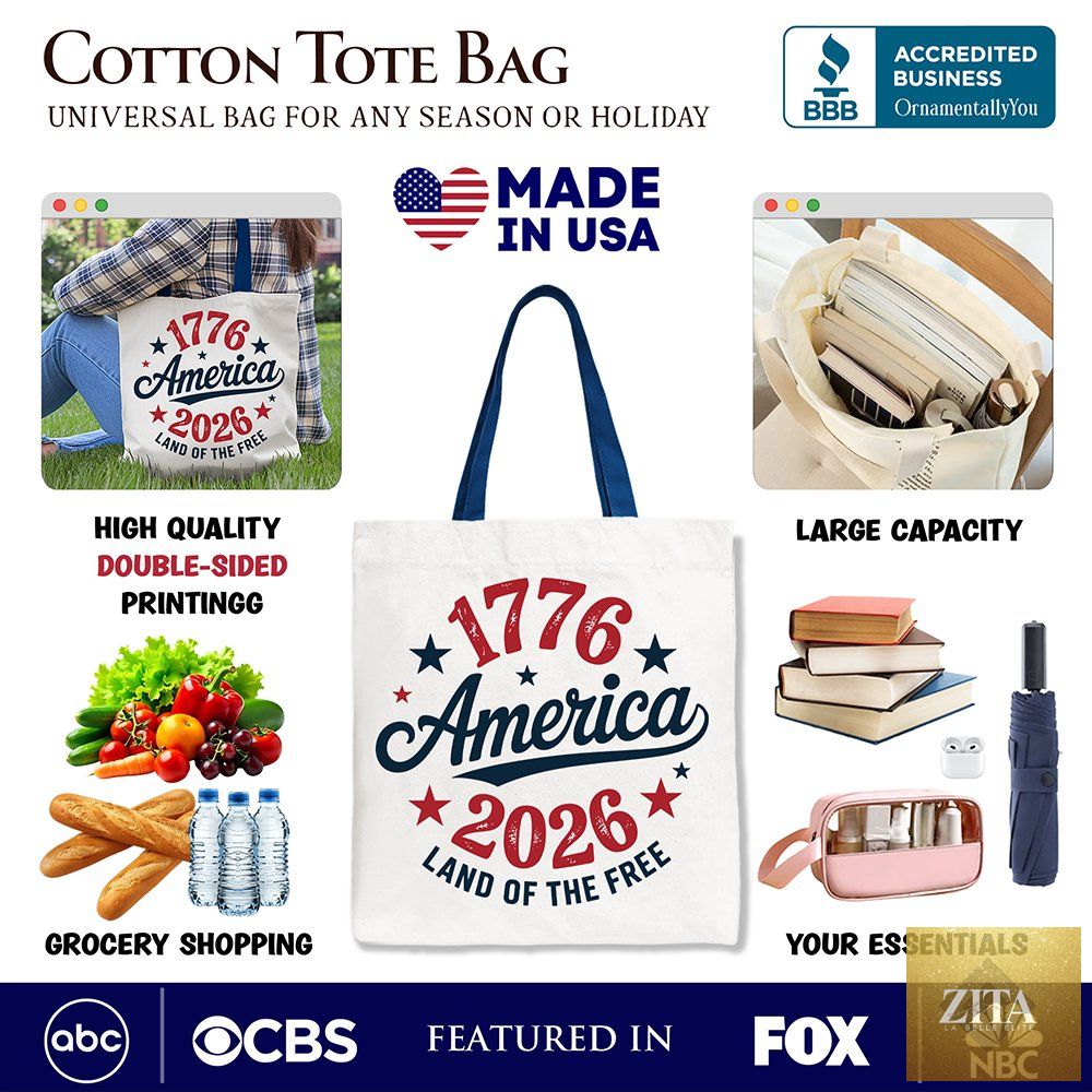 Patriotic America 1776-2026 canvas tote bag with bold patriotic design, perfect for Independence Day celebrations and gifts.