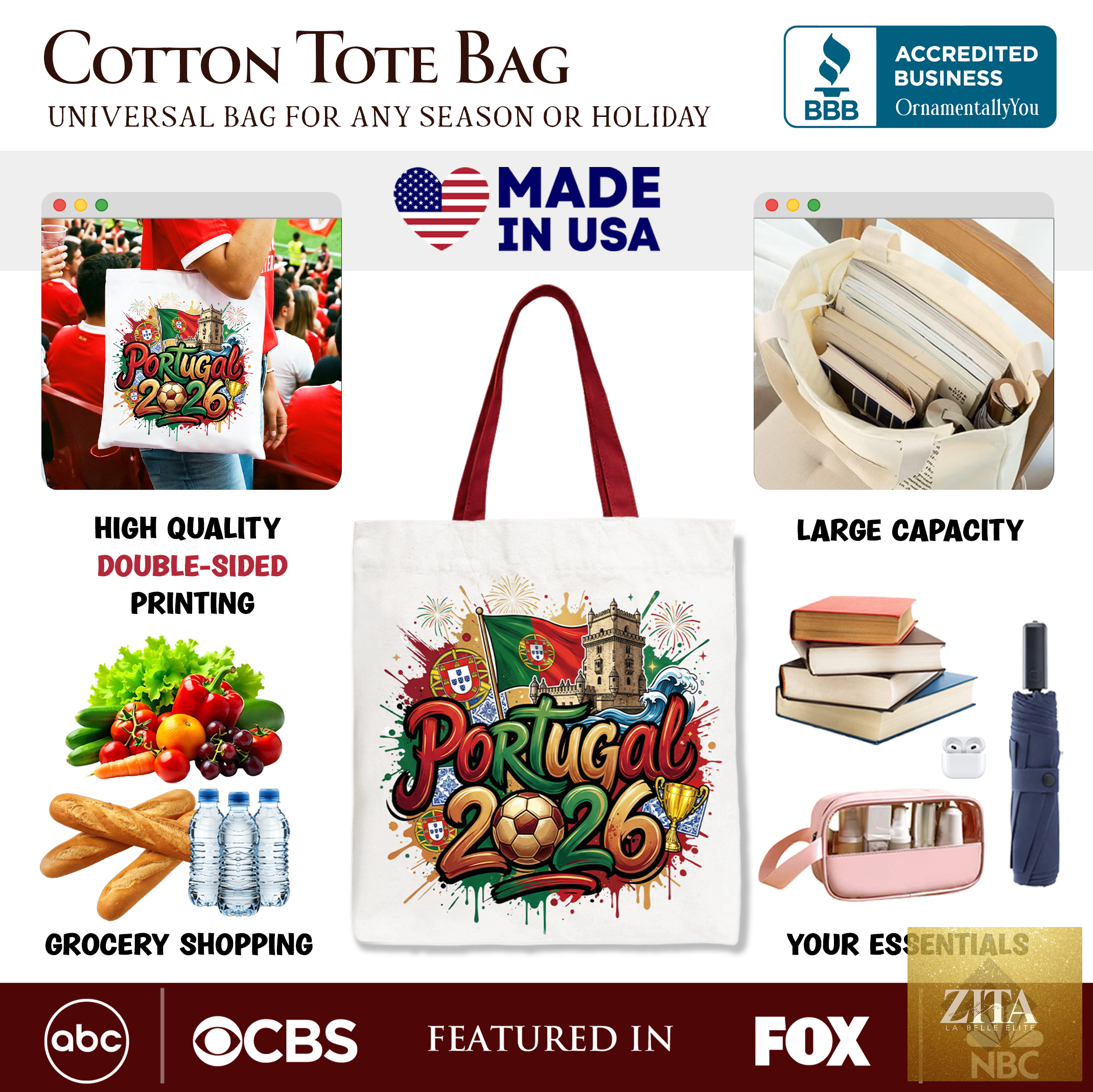 Portugal 2026 Soccer Cup tote bag by OrnamentallyYou featuring football graphics, ideal for fans and soccer event supporters.