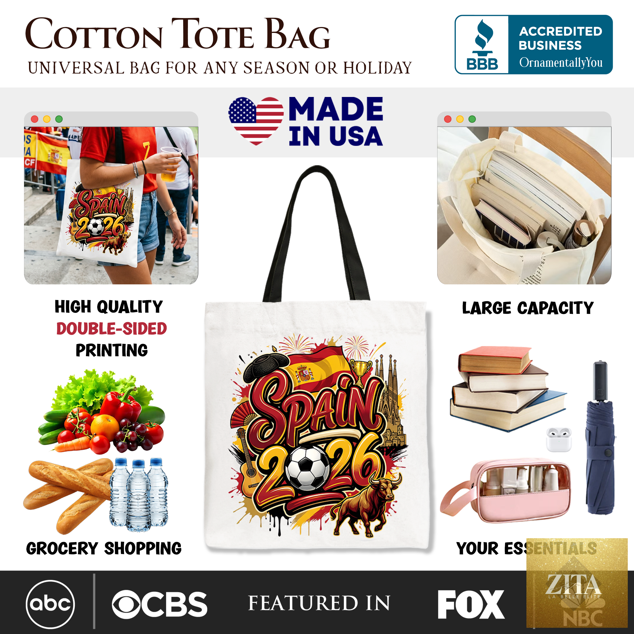 Spain 2026 Soccer Cup tote bag by OrnamentallyYou, featuring vibrant football-themed design for fans and sports enthusiasts.