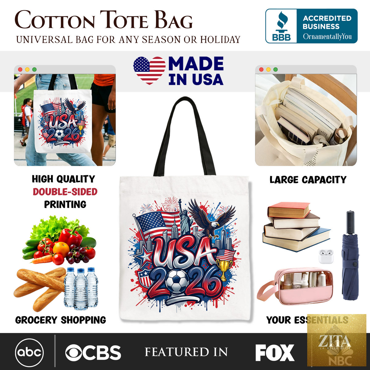 USA 2026 Soccer Cup tote bag with championship logo, ideal for fans, crafted by OrnamentallyYou, perfect for football events.
