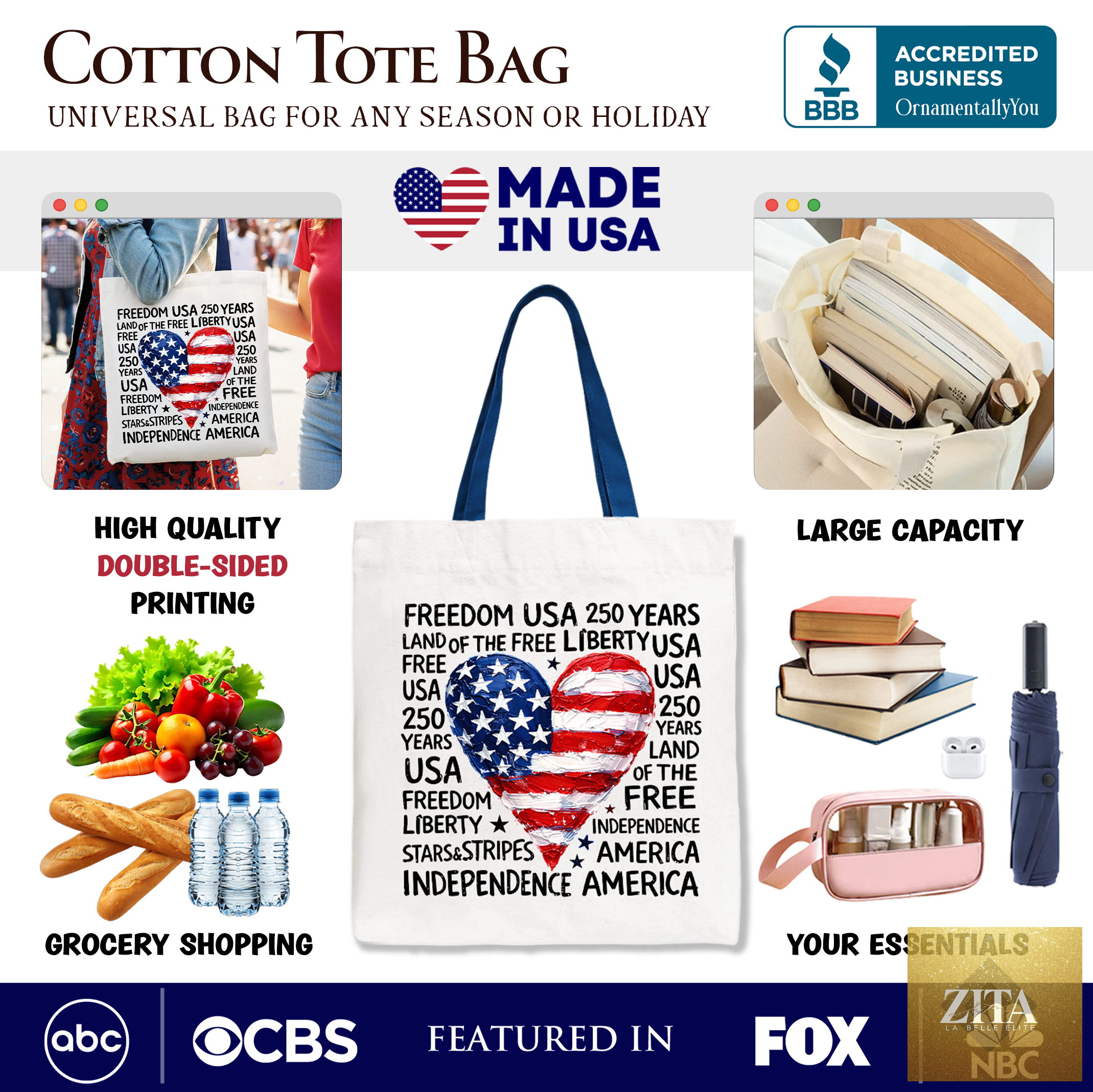USA 250 Heart patriotic tote bag by OrnamentallyYou featuring a retro design, perfect for 4th of July celebrations and gift shopping.
