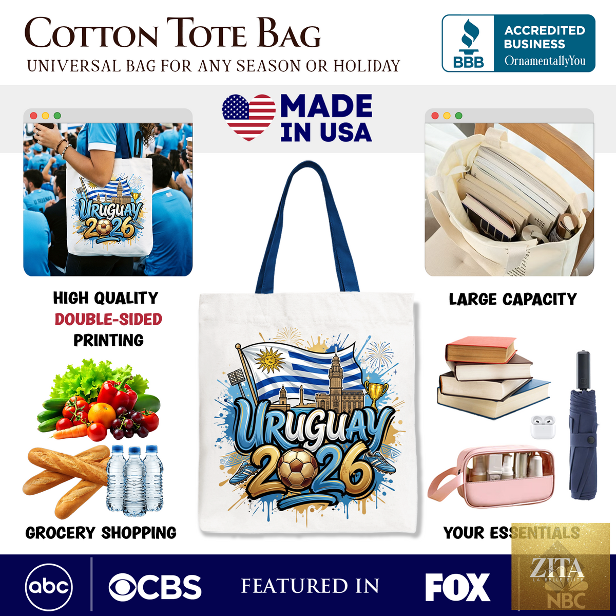 Uruguay 2026 Soccer Cup tote bag by Zita La Belle Elite featuring team logo and global championship design, perfect for football fans.