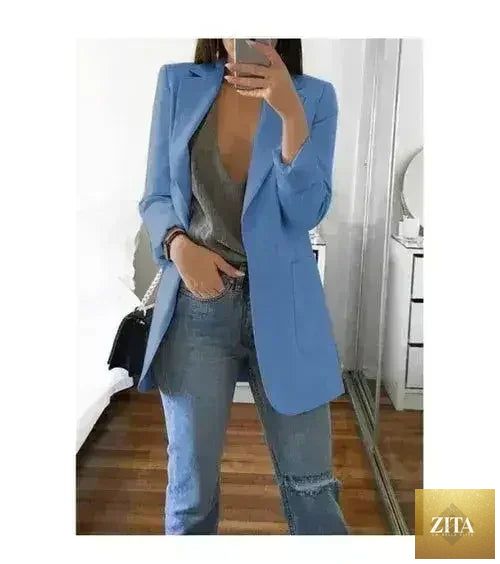 Femstylo women's casual slim blazer jacket, stylish office suit for autumn, perfect for professional and casual wear.