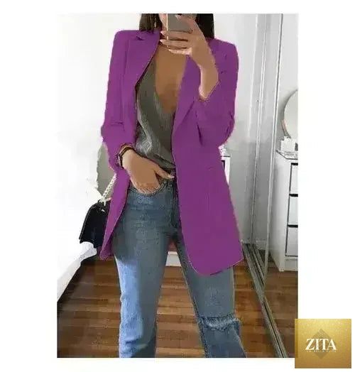 Slim fit women's blazer jacket by Femstylo, casual autumn office suit with stylish design for women.