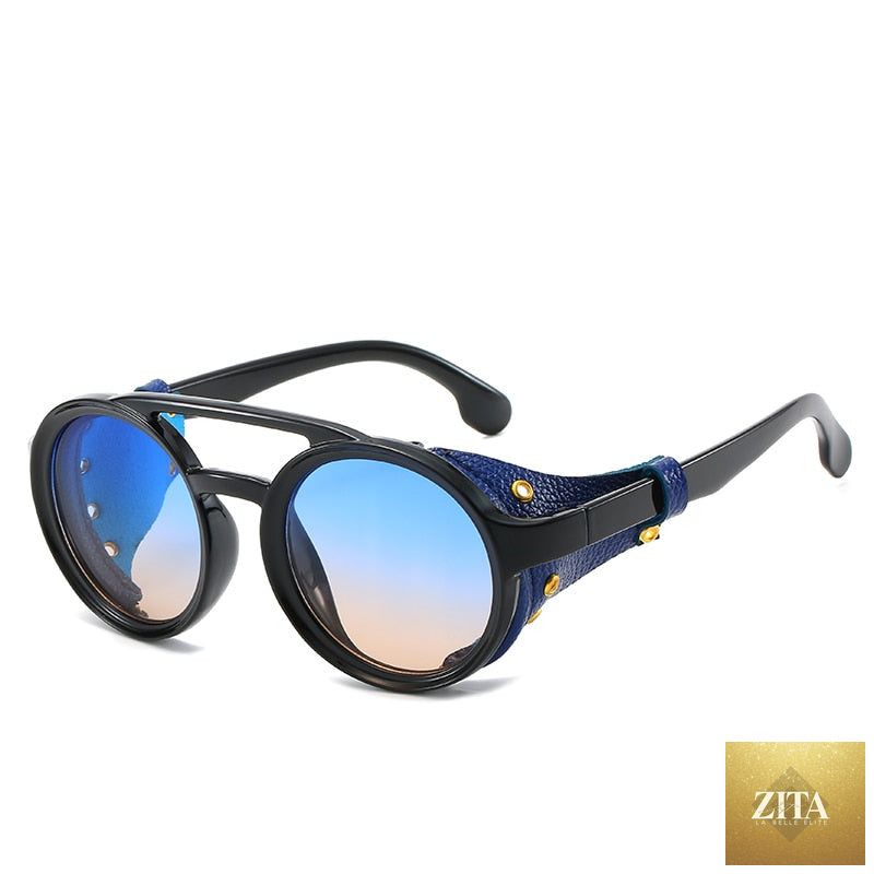 Round steampunk sunglasses by FitiqueFit with vintage-inspired metal frames and decorative gear accents.
