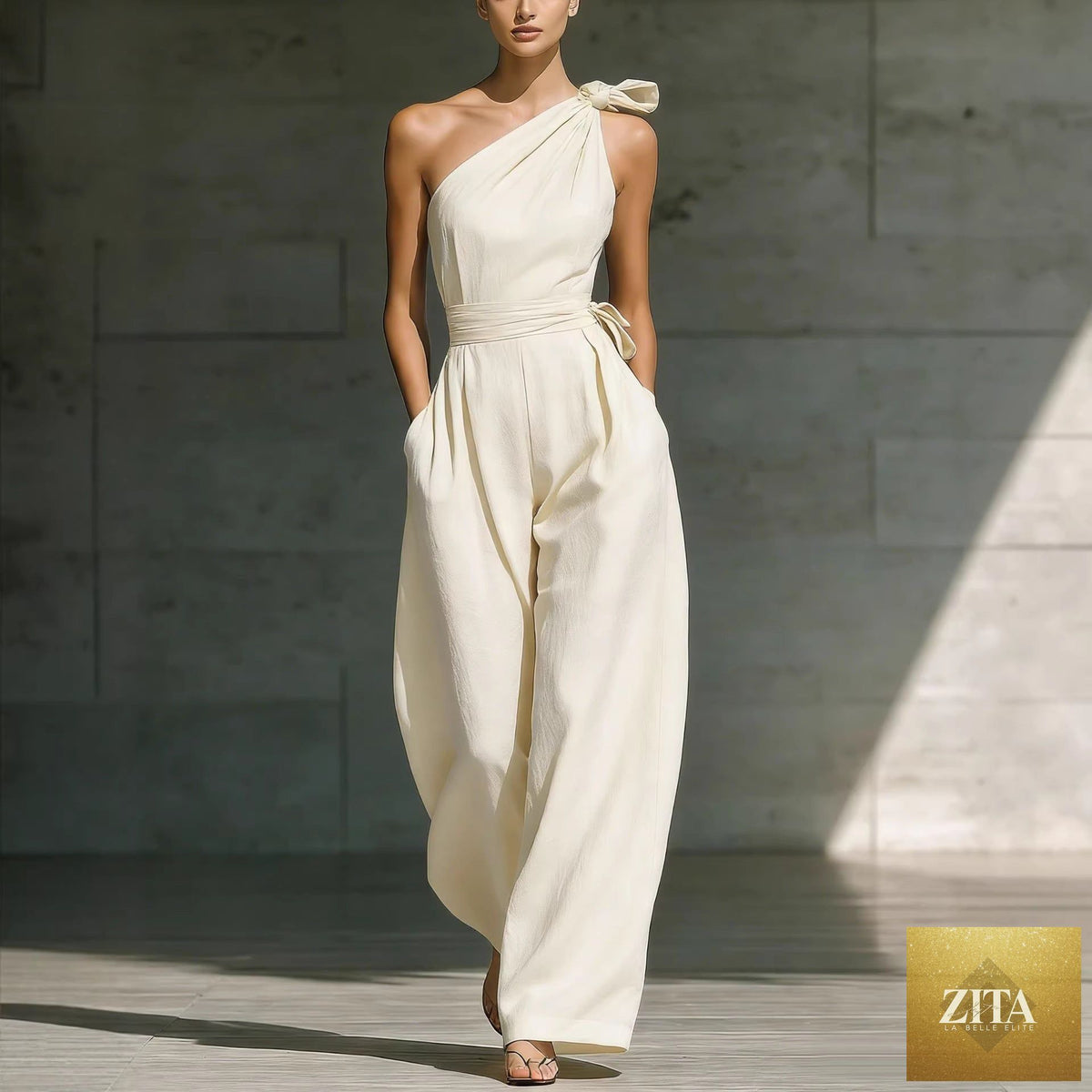 Women's sleeveless halter neck jumpsuit by Zita La Belle Elite, cinched waist, available in 6 colors, size S to 2XL.