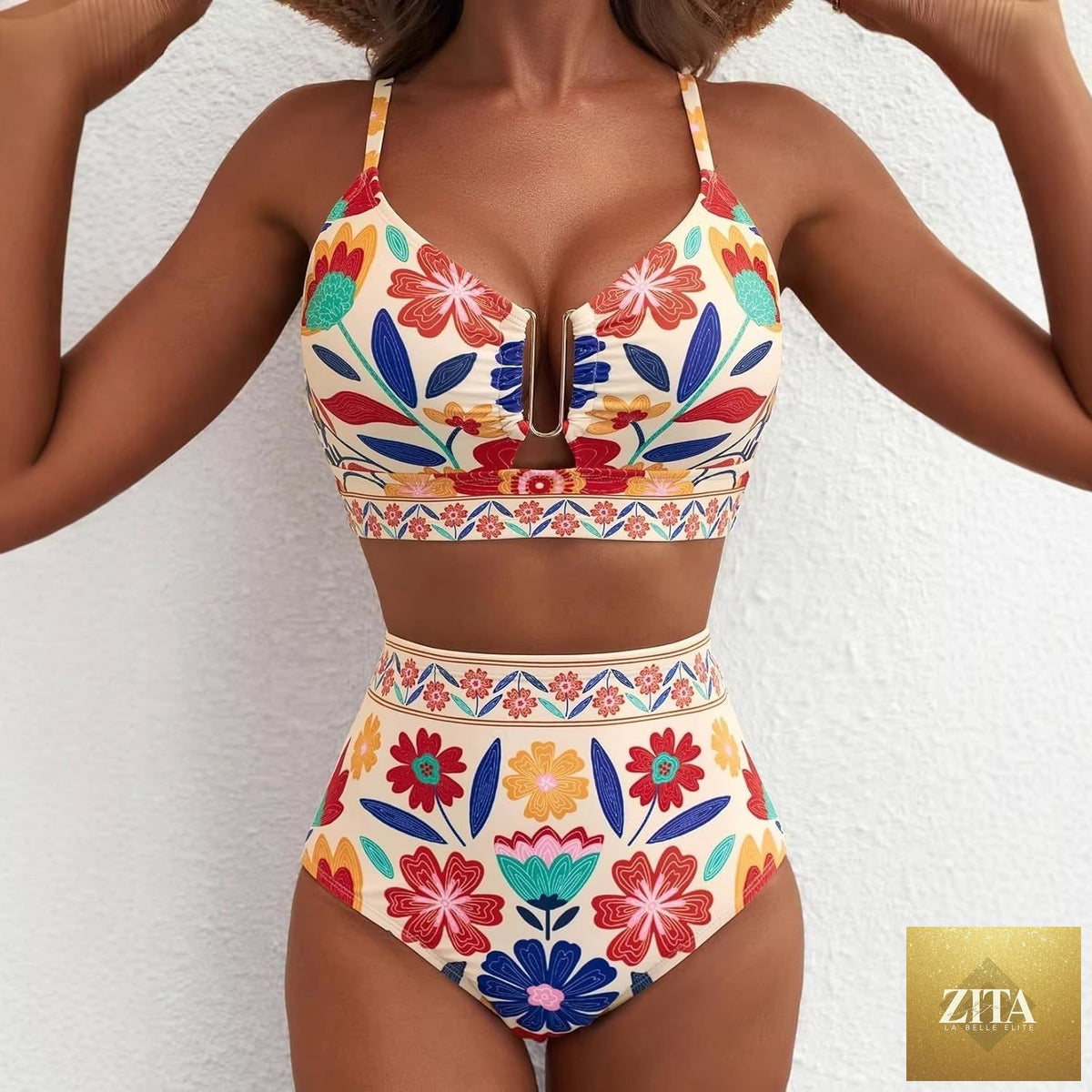 Women's floral print high-waist U-wire bikini set by FitiqueFit, featuring a stylish swimwear design with vibrant floral patterns.
